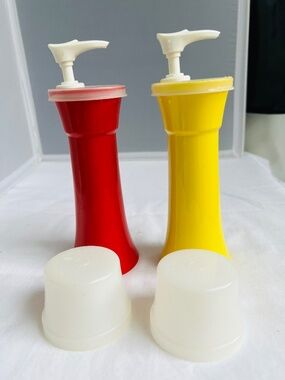 Vintage Tupperware Ketchup & Mustard Pump Bottle Set Red & Yellow 7 1/2" Tall